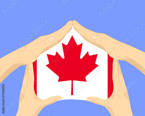 Hand home with Canada flag, residential or investment idea, housing and home concept