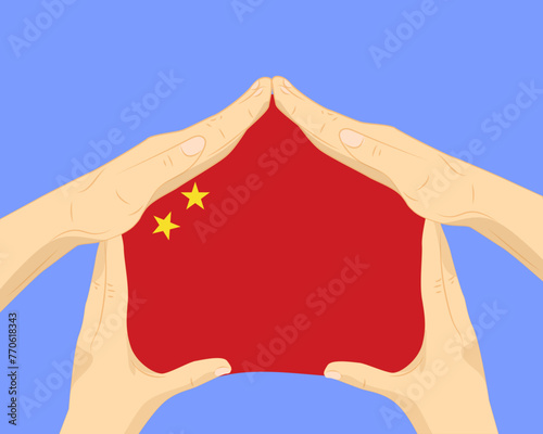 Hand home with China flag, residential or investment idea, housing and home concept