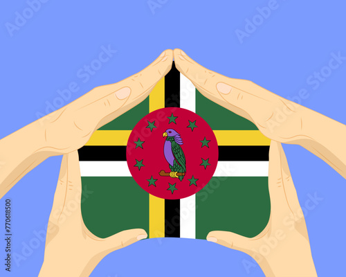 Hand home with Dominica flag, residential or investment idea, housing and home concept