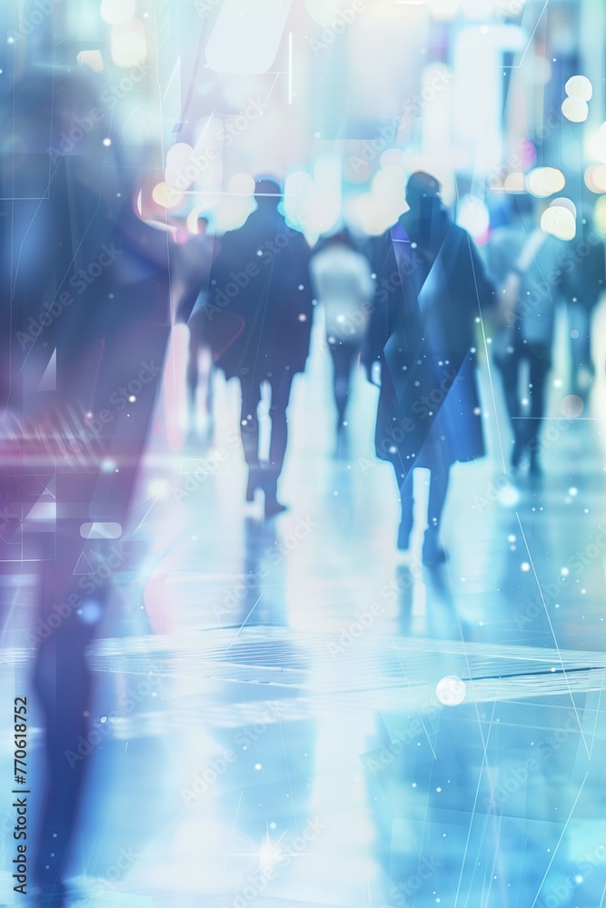 Blurred image of people walking in a modern urban environment with a futuristic feel, perfect for illustrating technology and urban lifestyle themes. Blurred image of people walking in a modern urban environment with a futuristic feel, perfect for illustrating technology and urban lifestyle themes.