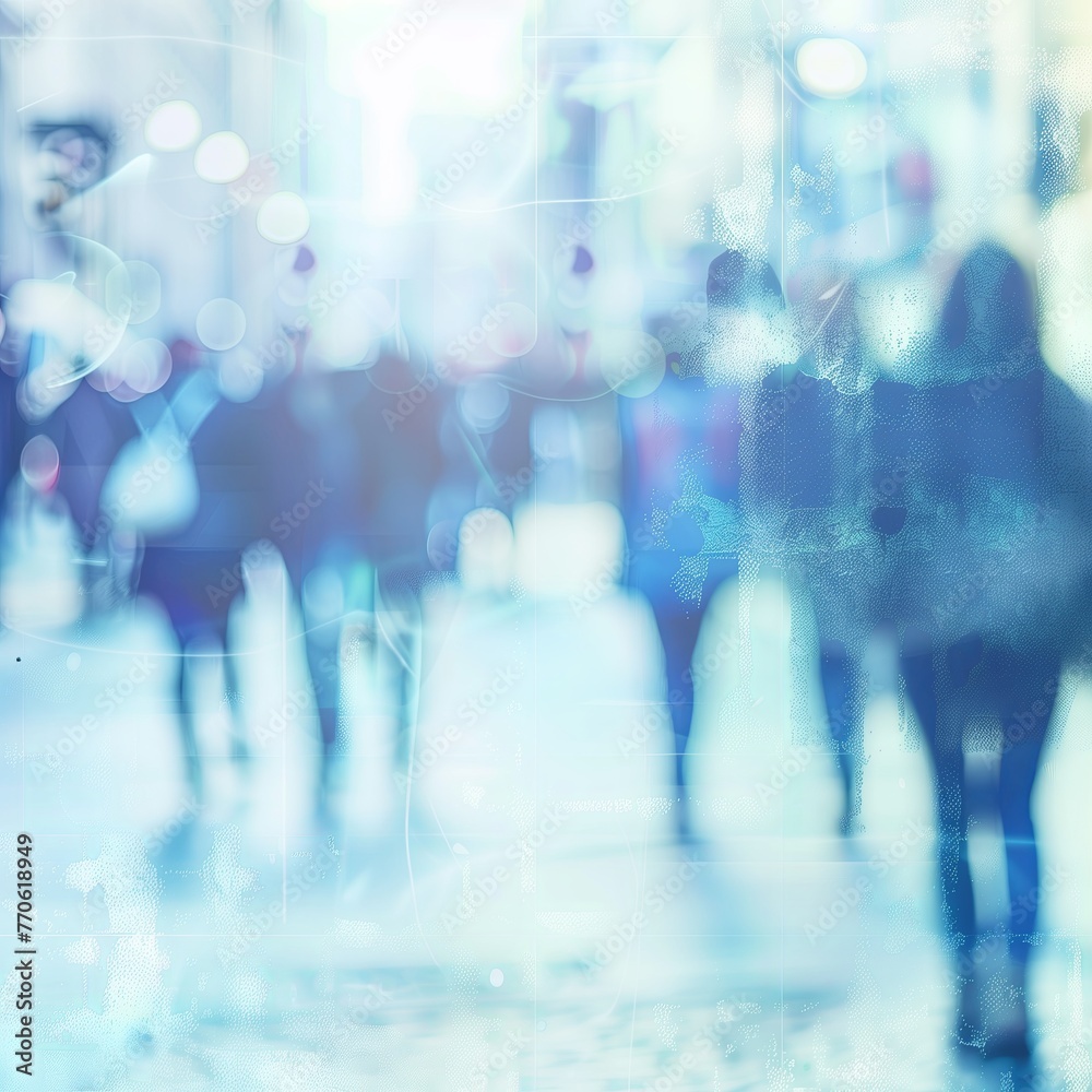 Blurred image of people walking in a modern urban environment with a futuristic feel, perfect for illustrating technology and urban lifestyle themes. Blurred image of people walking in a modern urban environment with a futuristic feel, perfect for illustrating technology and urban lifestyle themes.