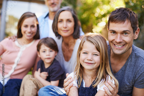 Family, happiness and portrait in garden for love or bonding, care and memories together. Fun, backyard and relax in summer for relationship growth or connection with unity and affection on vacation.