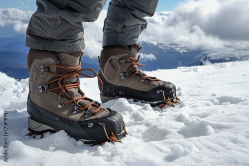 climbers feet standing in mountaineering boots on snow