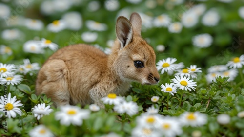   A small rabbit in a field of daisies, surrounded by them in the foreground Background subtly blurred with more daisies