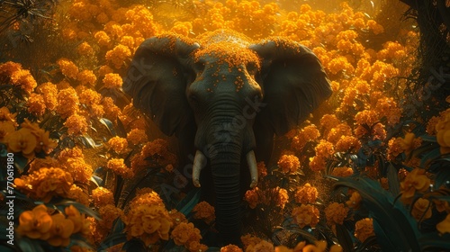  An elephant in the midst of a yellow-flowered field, tusks extending from its trunk