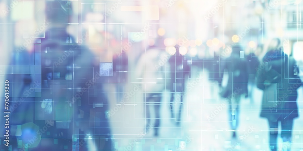 Blurred image of people walking in a modern urban environment with a futuristic feel, perfect for illustrating technology and urban lifestyle themes. Blurred image of people walking in a modern urban environment with a futuristic feel, perfect for illustrating technology and urban lifestyle themes.
