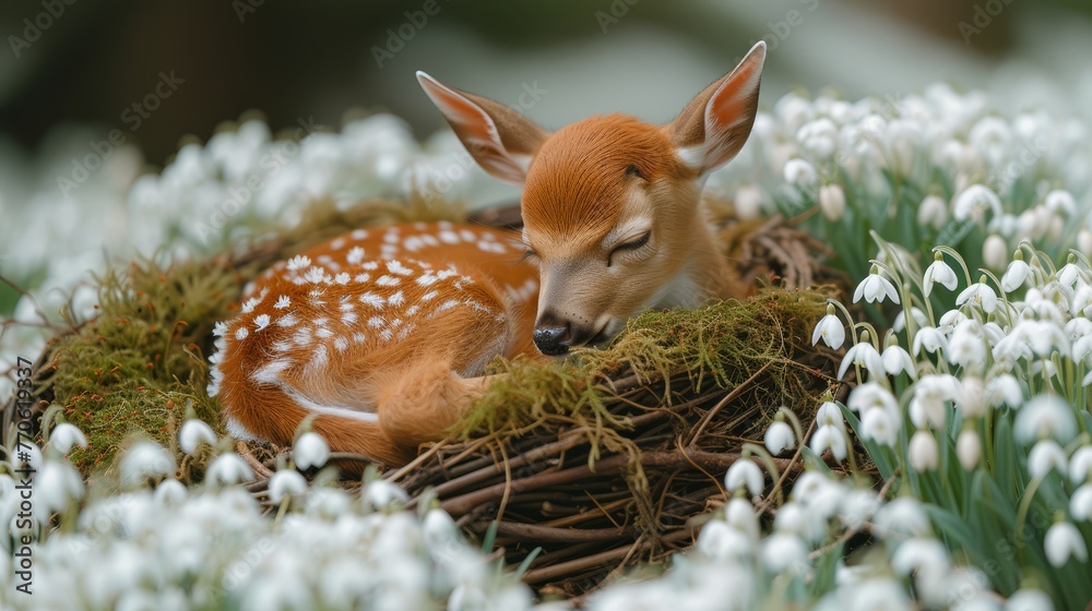 A baby deer naps in a snowdrop-filled meadow, its eyes tucked safely shut A baby deer naps in a snowdrop-filled meadow, its eyes tucked safely shut