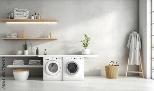 Laundry room interior with washing machine and accessories. 3d rendering