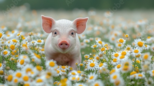 Wallpaper Mural   A surprised pig stands amidst a field of daisies, its nose amongst the blooms Torontodigital.ca