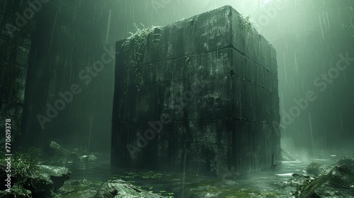  A large structure nestled amidst a dense forest of lush green plants and boulders, shrouded in fog