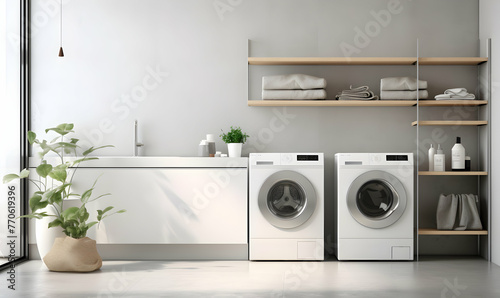 Laundry room interior with washing machine and accessories. 3d rendering