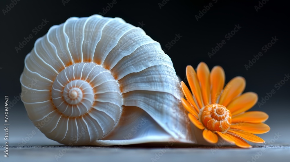 Obraz premium A seashell with an orange flower adjacent, against a backdrop of black