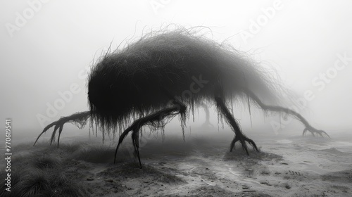  A black-and-white image of an ostrich standing in ice and grass, its long legs extended