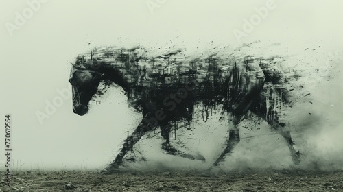  A monochrome image of a horse with copious dust rising from its back legs #770619554