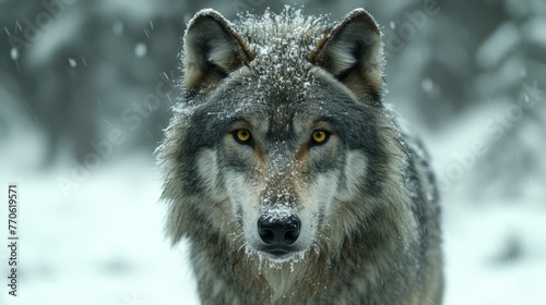   A grey wolf gazes sadly at the camera through yellow eyes against a backdrop of falling snow © Wall