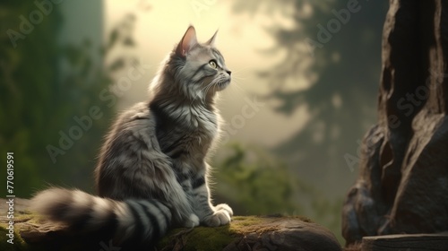 A realistic HD animation of a cat sitting expectantly, waiting for food, as other cats gradually appear against a backdrop of muted gray and green hues, creating a captivating scene. photo