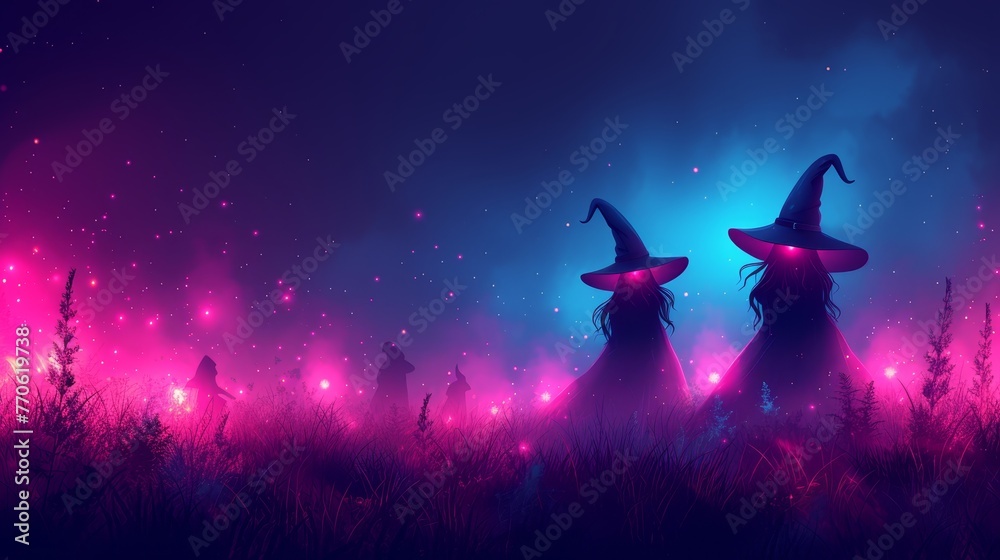   Two witches adjacent on a verdant field, surrounded by purple and blue background lights