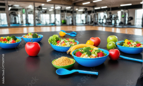 The idea of a healthy lifestyle clean nutritious food exercise with gym equipment and fitness center with weight scale and sports. gym workout training class , weight scale and sports shoes in fitness
