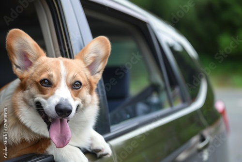 dog sticking head out car window, tongue out, eyes squinting © altitudevisual