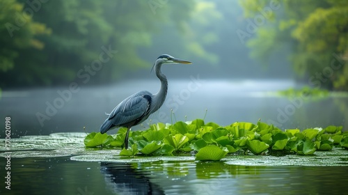  A large bird perches atop the water's edge, facing a verdant forest teeming with trees and lush green foliage