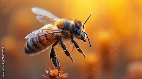  A bee hovering over a flower with a blurred background and a yellow sky