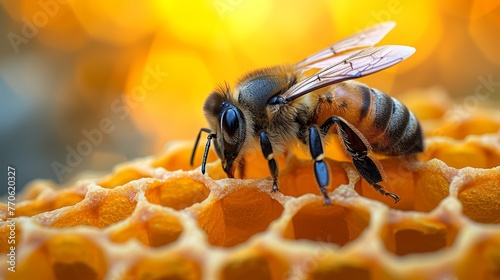   A tight shot of a bee on honey-coated honeycomb, surrounded by radiant background lights © Wall