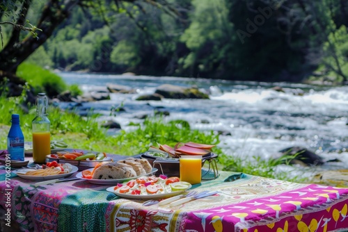 table with colorful picnic spread, river in the background