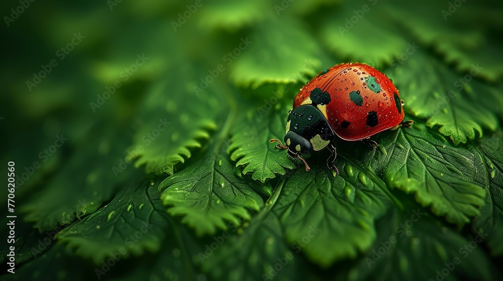 A ladybug perched on a verdant leaf, its back legs and head dotted with water droplets A ladybug perched on a verdant leaf, its back legs and head dotted with water droplets