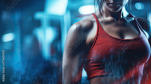 Athletic woman in red sports bra on blue gym background. photo