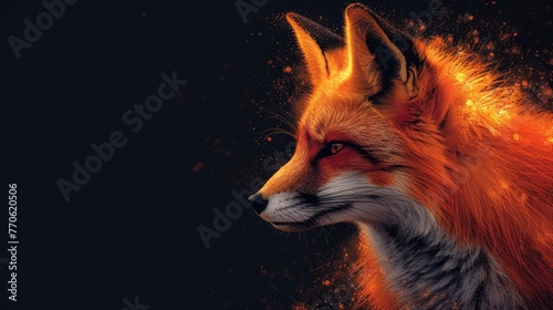   A red fox's face in tight focus against a black backdrop, its eyes emitting a fiery burst © Wall