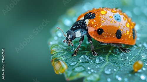  A detailed shot of a ladybug perched on a leaf, its back legs dotted with water droplets