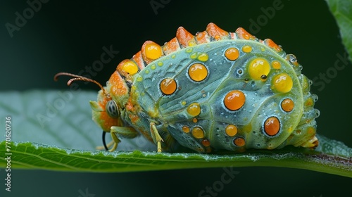 A tight shot of a caterpillar atop a wet leaf, with water droplets adorning its hindquarter