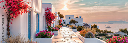 Iconic Greek Island Scene with Traditional White and Blue Architecture, Offering a Picturesque View of the Mediterranean Lifestyle photo