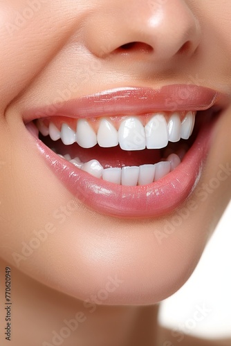 Close up of a happy woman s mouth with healthy teeth isolated on a white background