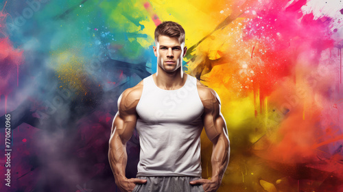 A muscular man in a white T-shirt on a bright multi-colored wall background. Online fitness trainer or gym advertising banner layout.