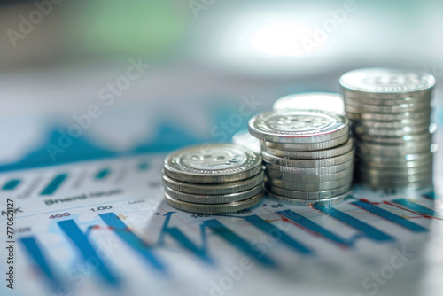Stack of silver coins with trading chart in financial concepts, business stock growth concept.