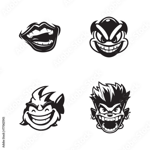"Set of four black and white illustrations showing mischievous smirks and smiles, indicating sly or sneaky characters."
