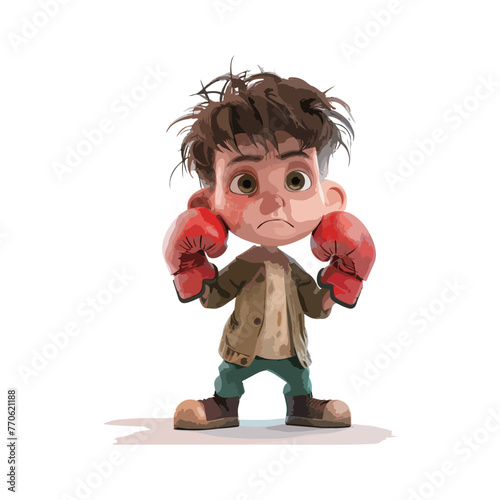 "Watercolor-style illustration of a young boy with oversized red boxing gloves, looking slightly bruised but resolute."
