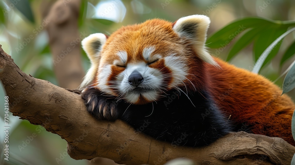 Obraz premium A red panda naps on a tree branch, eyes closed, head at rest