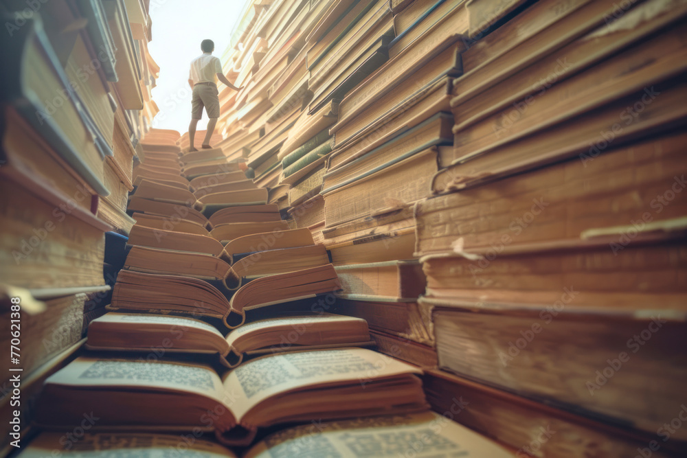 Fototapeta premium The man climbs the stairs to the open book. Concept.
