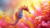   A tight shot of a seahorse amidst a flower bed, with sunlight filtering through the clouds behind