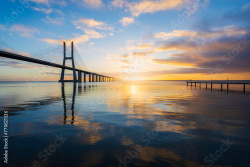 Vasco da Gama bridge and pier over tagus river in Lisbon (Portugal), at sunrise © p_rocha