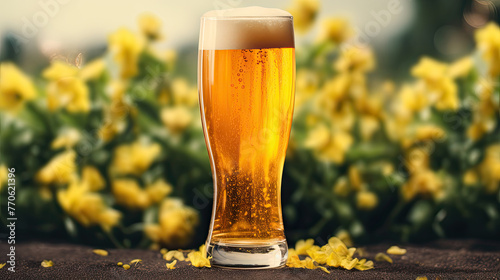 Glowing amber glass of beer on a yellow wildflower background.