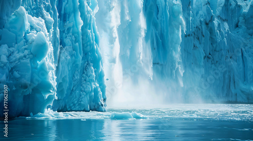 A melting glacier with streams of water running off into the ocean symbolizing rapid ice melt.