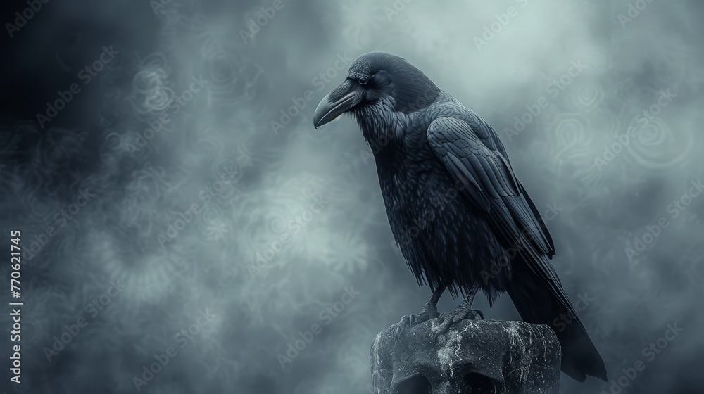Fototapeta premium A black bird perched atop a rock in the heart of a foggy, darkened sky, amidst swirling mists