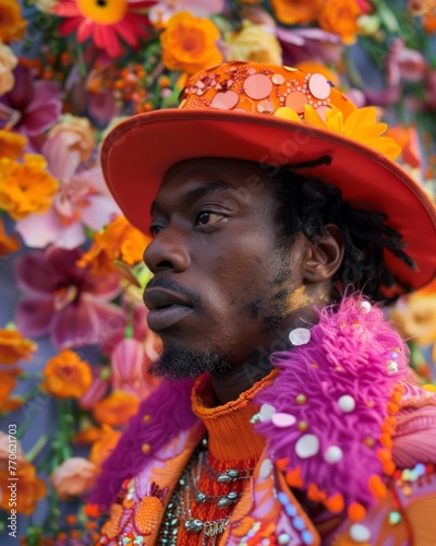A person with face blurred dressed in a vivid, floral outfit and a bright hat surrounded by flowers