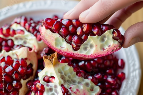 closeup of fingers pulling arils from a pomegranate section photo