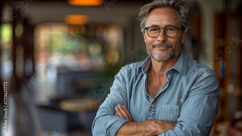 a businessman of about 40, with a slight smile, gray hair, glasses, and a shirt. Photo from the waist up with arms crossed against a neutral blurred office background.