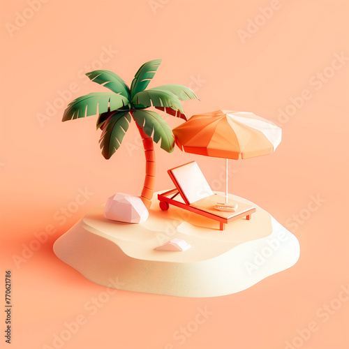 Palm trees, beach umbrella and deck chair on sand isle over pastel orange background. Summer vacation concept. photo