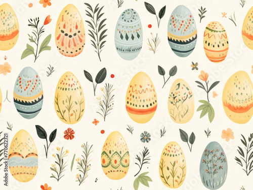 Simple illustration of Easter eggs painted in a traditional ornament with herbs in a watercolor style on a white background.